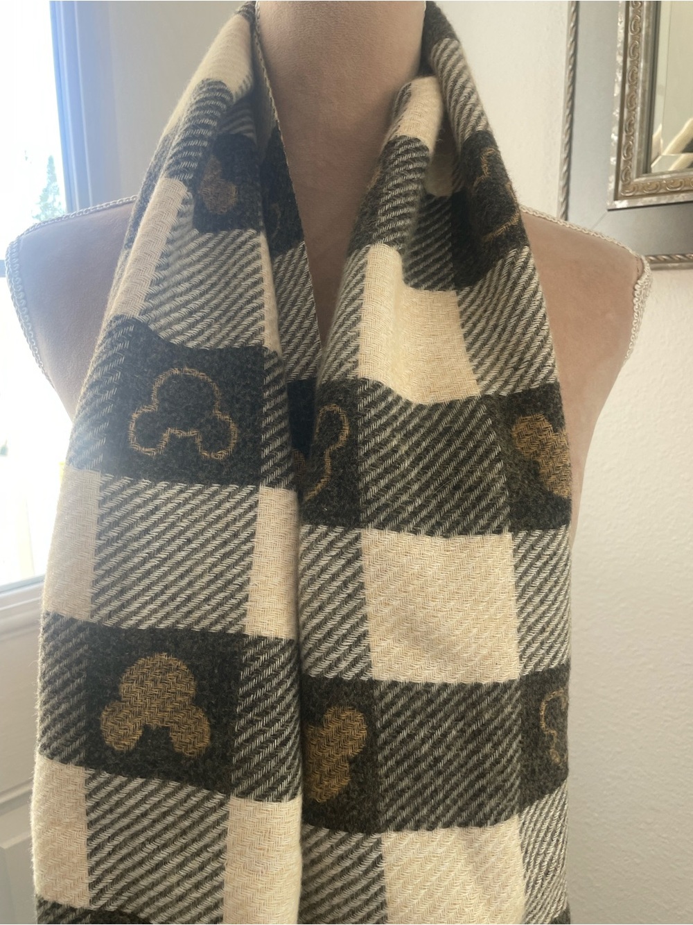Plaid Black and Cream Women's Scarf with Mickey Mouse silhouette head, 13” X 72”